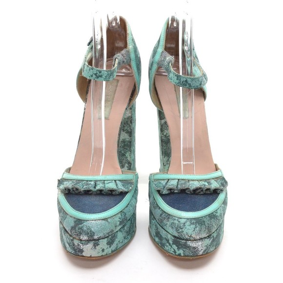 Michael Van der Ham Green Fabric Ruffle Platform Pumps 39 Designer Runway - Picture 3 of 7